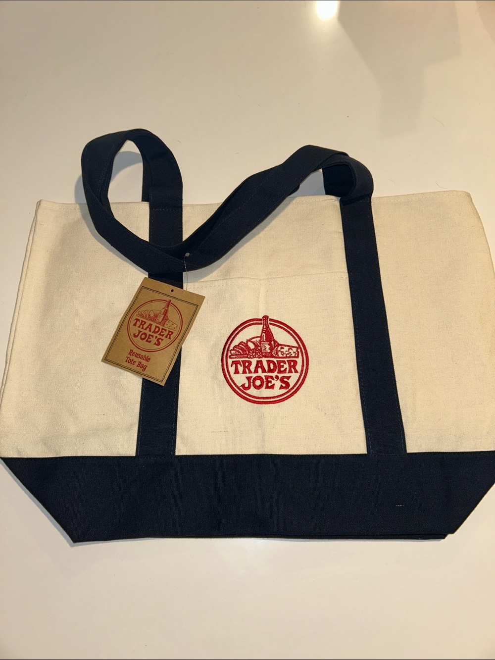 Trader Joe’s NWT large Canvas tote blue/cream